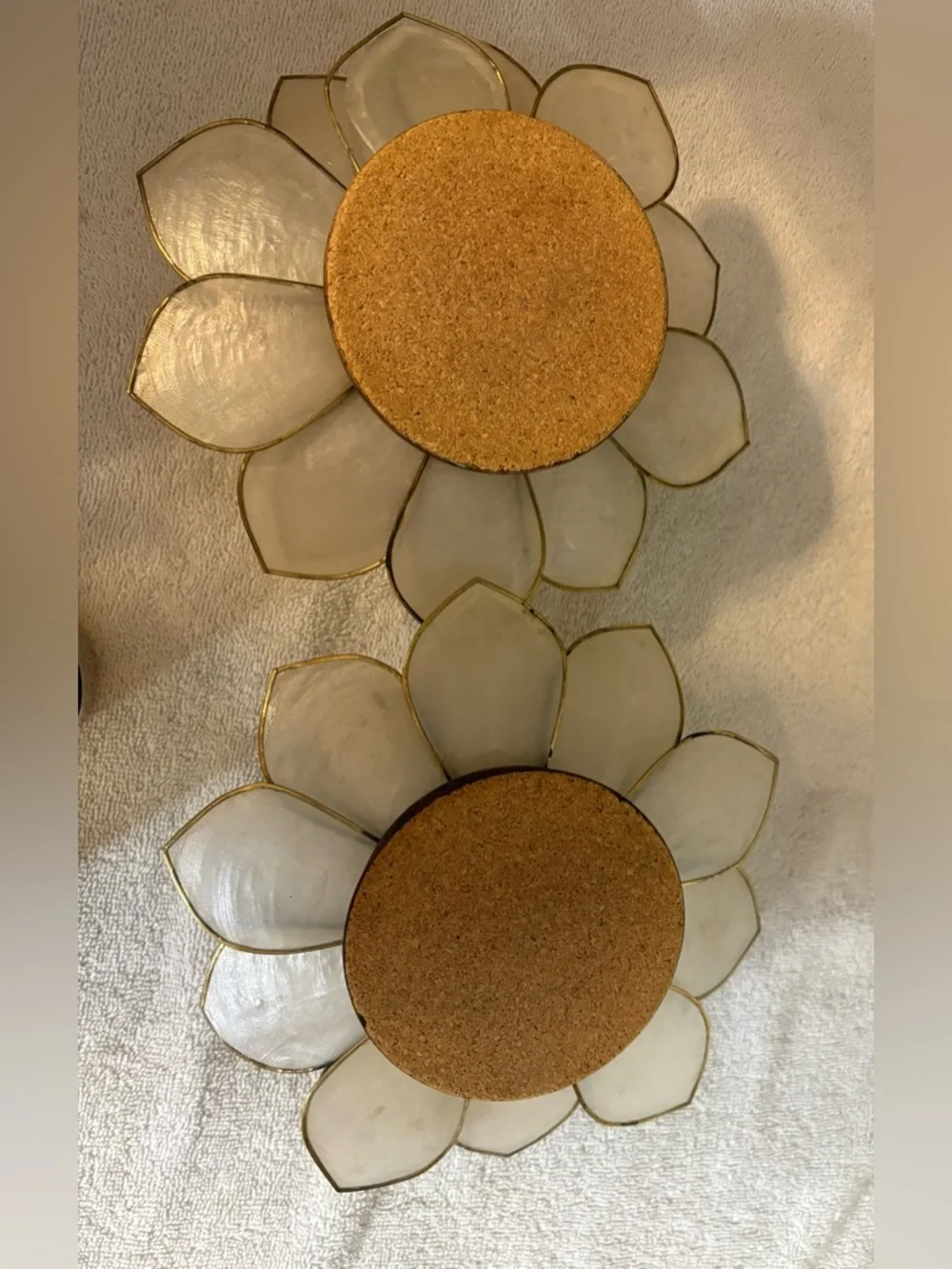 PAIR VINTAGE CAPIZ SHELL LOTUS STYLE BRASS ACCENT EDGE VOTIVE CANDLE HOLDER